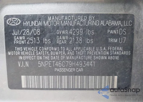 2009 Hyundai Sonata Gls from USA, damaged, VIN 5NPET46C79H493441